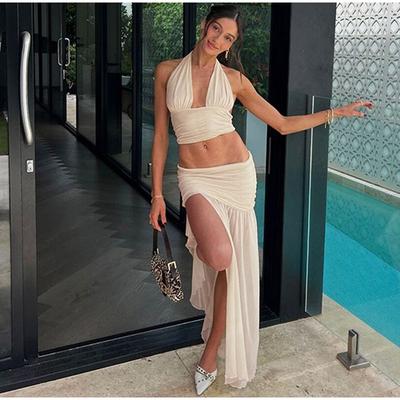 2025 Summer Elegant 2 Piece Set Women Sexy Mesh Lace-Up Backless Cropped Top and Pleated Split Skirt Streetwear Casual Suits