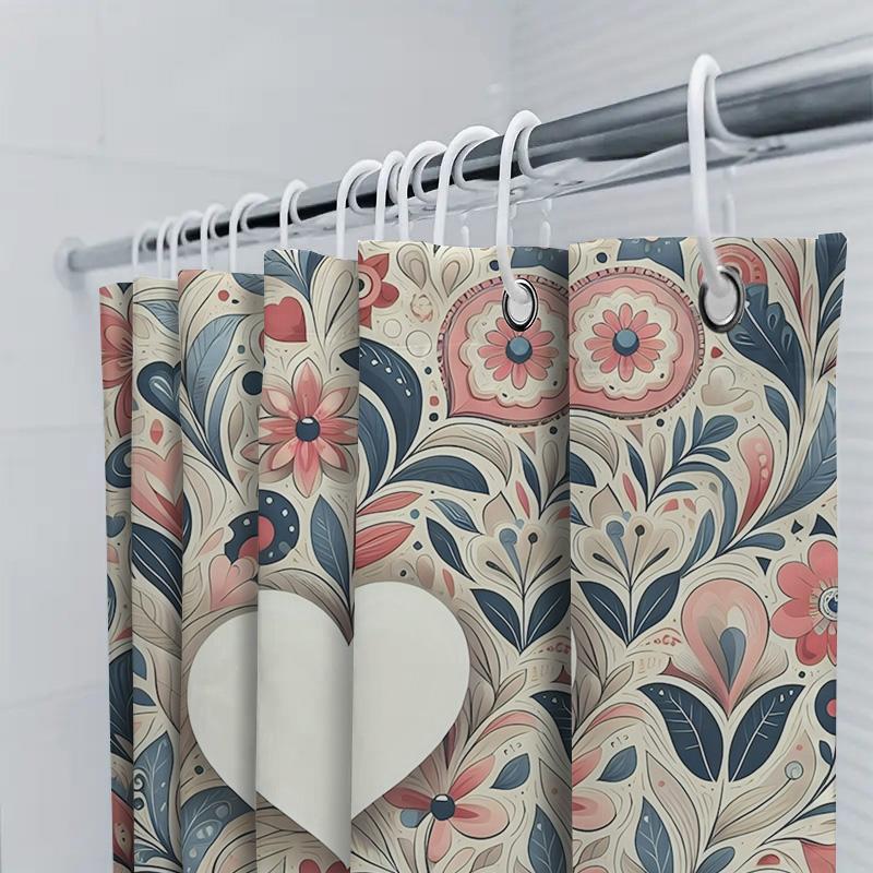 Floral Pattern With Heart Waterproof Shower Curtain