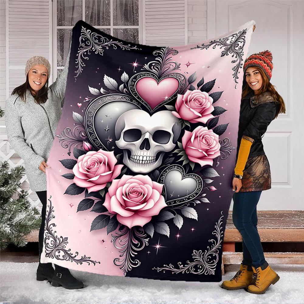 1pc Skull Roses Heart Decorative Outdoor Flannel Blanket , Machine Washable Perfect Gift for Birthday , Holiday Travel Accessory , Durable Material