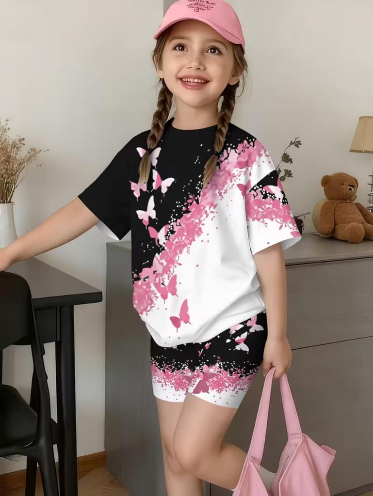 Whimsical 3D Butterfly Print 2 Piece Kids Summer Casual Set Lightweight Short Sleeve Shorts For Unisex Boys Girls