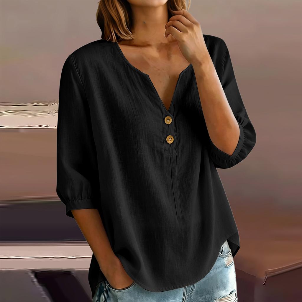 Women's Casual Linen Blend Henley Button Neck Shirt Three Quarter Sleeve Lightweight Loose Fit Top for Everyday Wear