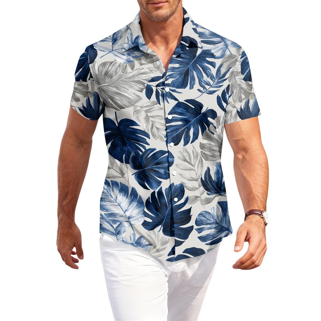 Men's Casual Loose Fit Short Sleeve Shirt Hawaiian Style Button Down Tropical Leaf Print Summer Beachwear Shirt