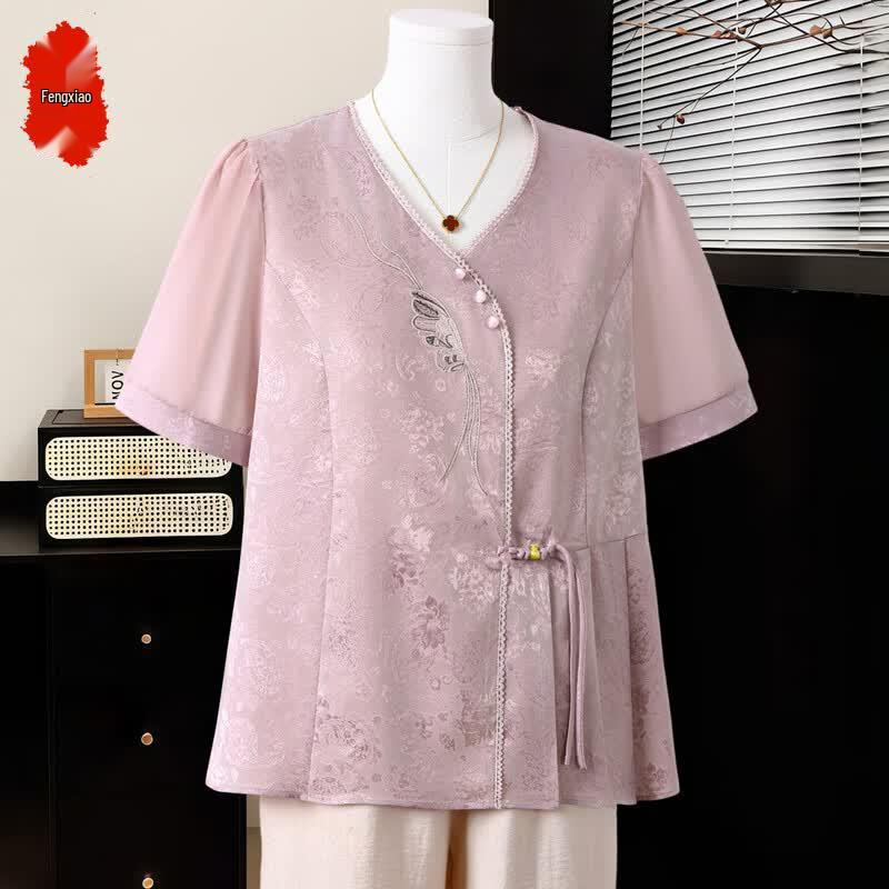 Elegant Middle-Aged Women s Summer New Chinese Style Floral Top 5XL