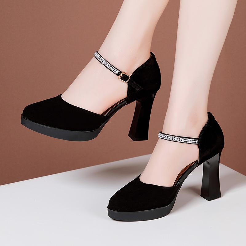 Fashion Genuine Leather Lady Pumps Thick Heel Shoes 7/9/11cm Super High Heel Waterproof Platform Womens Shoes Party Dress High Heels