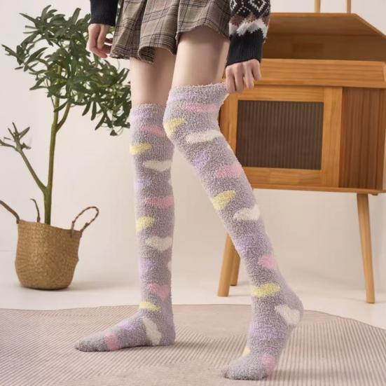 Women Long Floor Socks Soft Fluffy Over Knee Socks Colorful Warm Thick Thigh High Socks for Home Indoor Wear Bedroom Sleeping