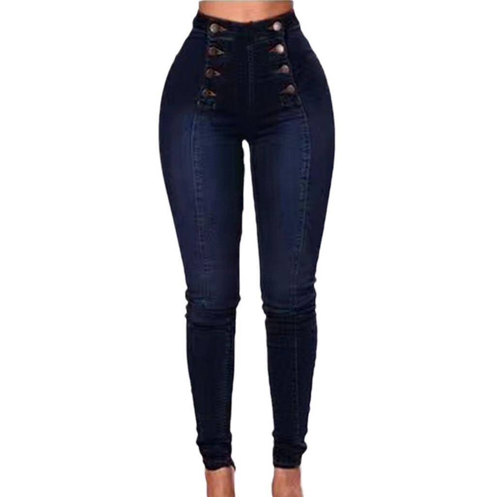 Högmidjade vardagliga denimbyxor för kvinnor, elastiska, med flera spännen, trendiga dubbelradiga jeans, långa byxor, bekväma stretchiga damer