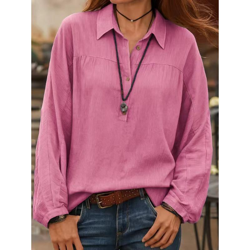 Spring Autumn Polo-neck Solid Color Simple Pullover Blouse Women Long Sleeve Loose Casual All-match Shirt Top