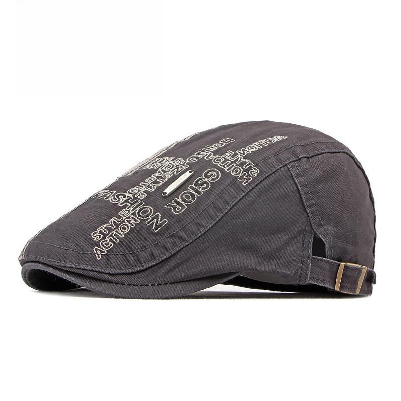 Unisex Washed Cotton Flat Cap Embroidered Letters Ivy Cap Retro Duckbill Hat Metal Plate Gatsby Cabbie Cap Adjustable Side Buckle