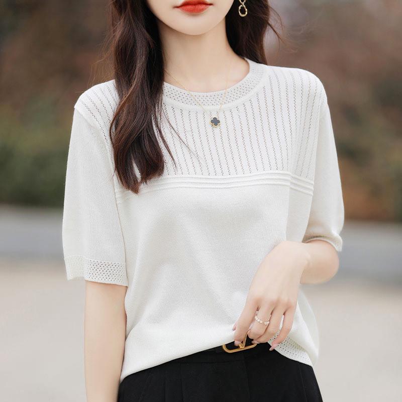 Ice Silk Short Sleeve T Shirt With Knitted Hollow Design For Summer Casual Women