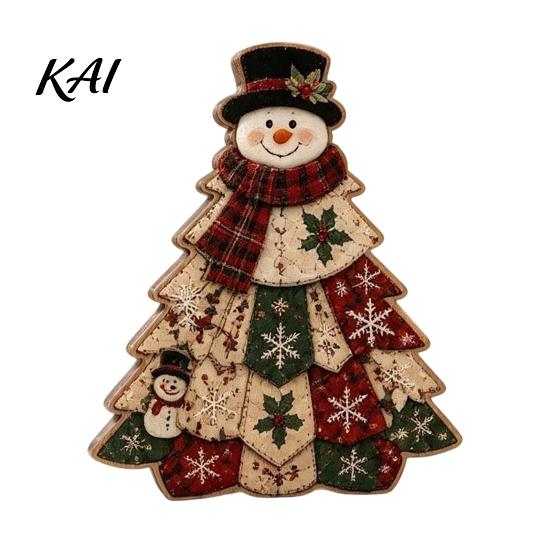 Wooden Holiday Party Decor Quilted Christmas Tree Table Sign, 2D Flat Fabric Patchwork Pattern Desktop Reusable Xmas Sign Ornament, Rustic Farmhouse