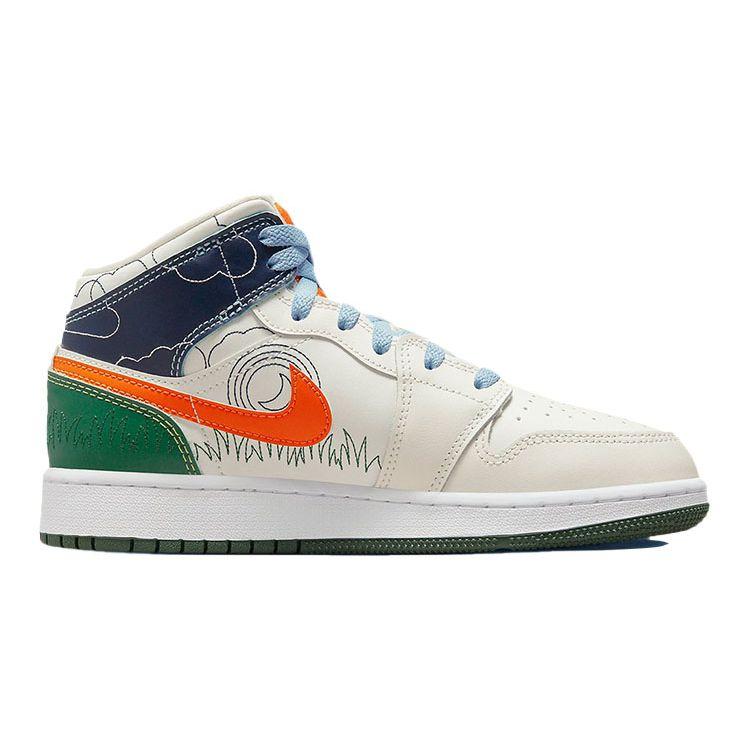 Air Jordan 1 Mid SE GS Stitch Buty dla dzieci Kremowy Żagiel Psychiczny Niebieski DX2462-100