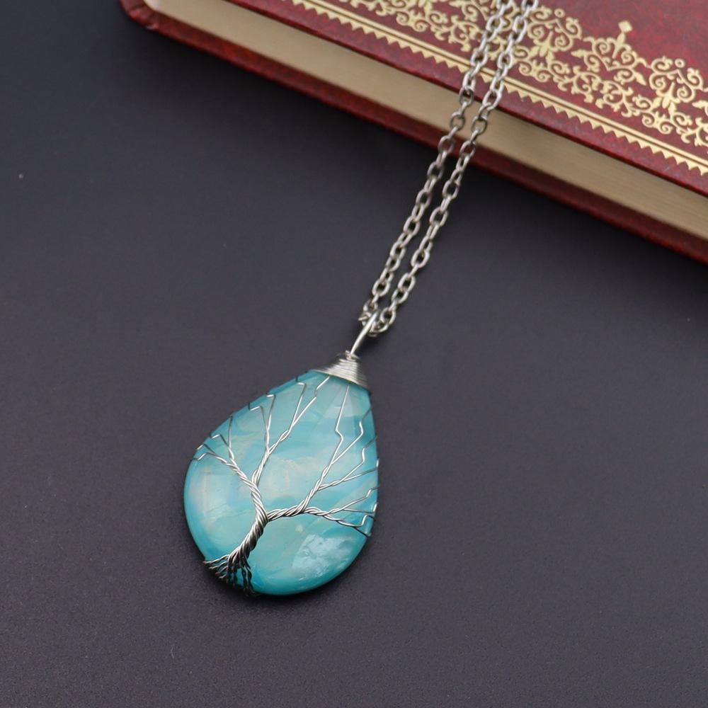 Vintage Handmade Copper Wire Winding Water Drop Tree Of Life Color-Changing Corrugated Resin Necklace Pendant Exquisite N516