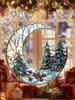 Christmas Acrylic Moon Ornament with Pine Trees & Red Berries, Art Hanging Decor, Festive Window & Xmas Tree Pendant Decorations