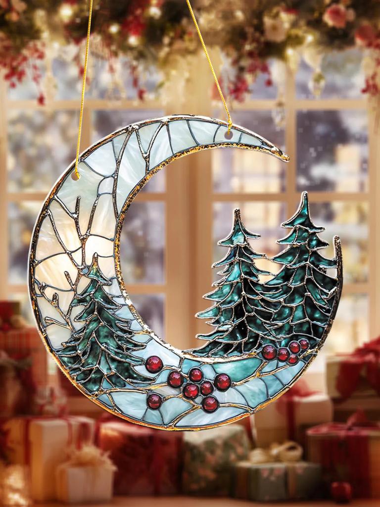 Christmas Acrylic Moon Ornament with Pine Trees & Red Berries, Art Hanging Decor, Festive Window & Xmas Tree Pendant Decorations