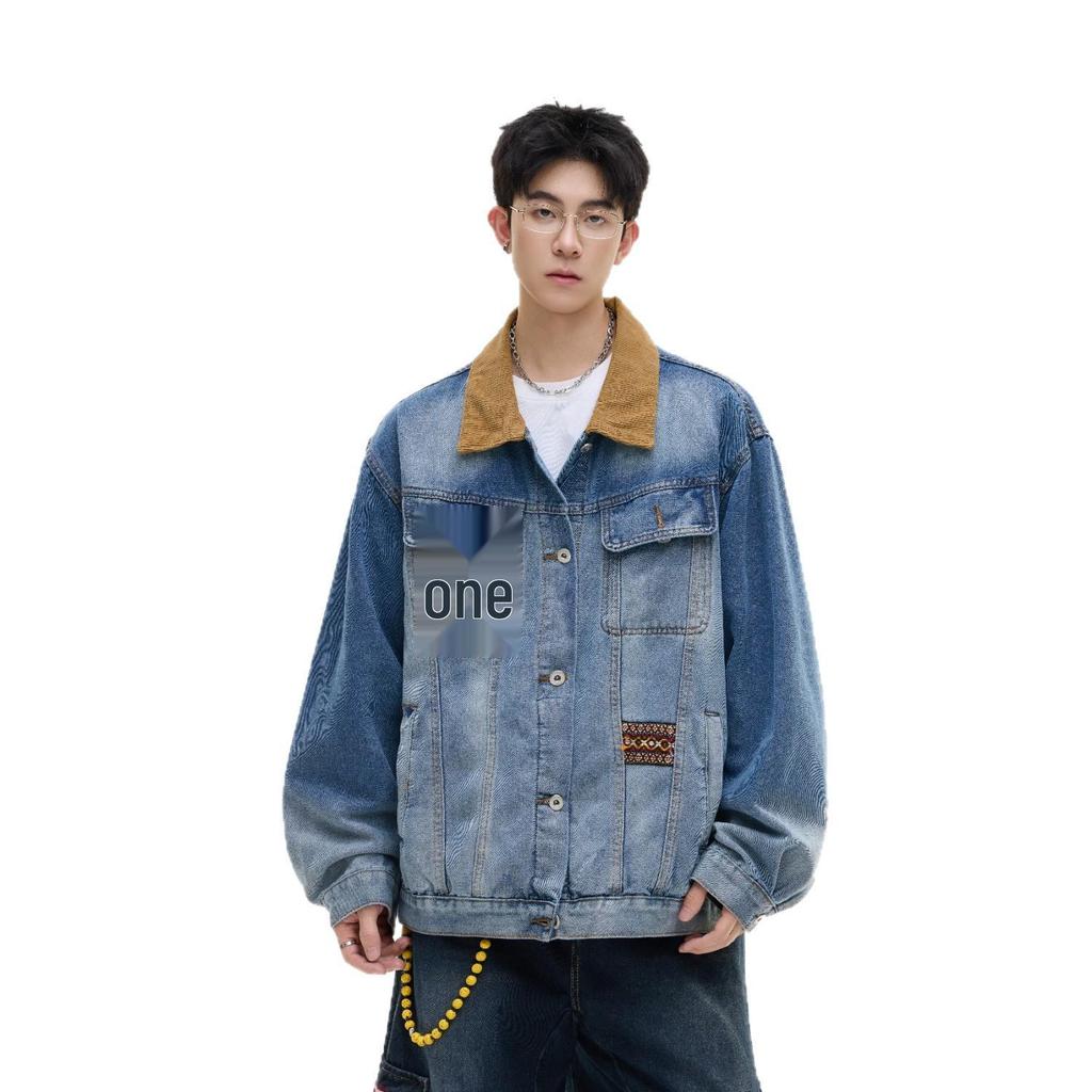 Men's Retro Denim Jacket: Spring & Autumn Casual Solid Color Lapel, Trendy and Loose Fit.