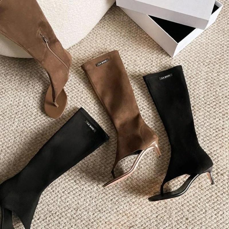 Fashion 2025 Black Open Toe Clip-On Knee Boots Women's Modern Booties Thin Low Heel Side Zip Spring Summer Party Heels Sandals