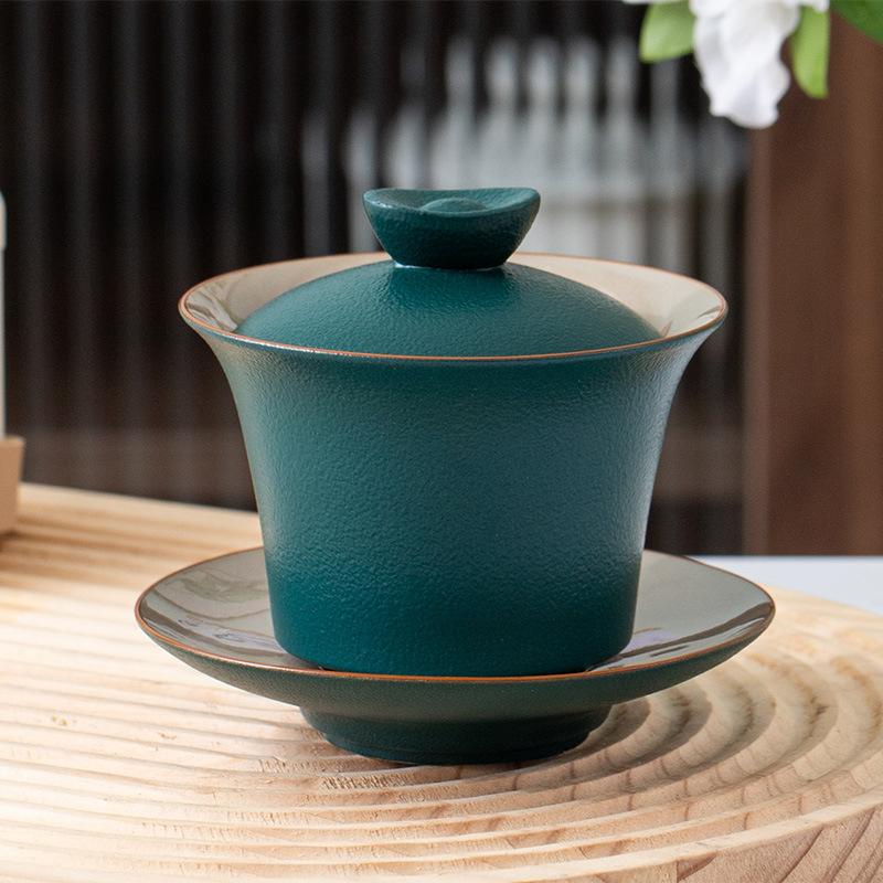 

Creative Gaiwan Lubao Glazed Rough Black Pottery Sancai Gaiwan Ceramic Kung Fu Bubble Tea Bowl Honor Tea Cup Single Home Brewing Tea