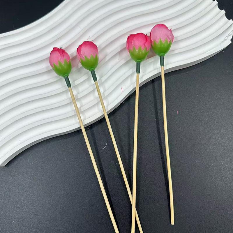 10Pcs Flower Bamboo Sticks Cake Topper Tulip Pod Cocktail Picks For Appetizers Fruit Sticks For Wedding Birthday Dessert Decor