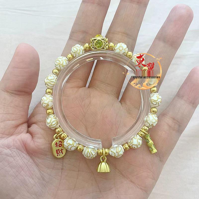 White Cloisonné Lotus Pod Fortune Bracelet with Gold Leaf Bamboo Design