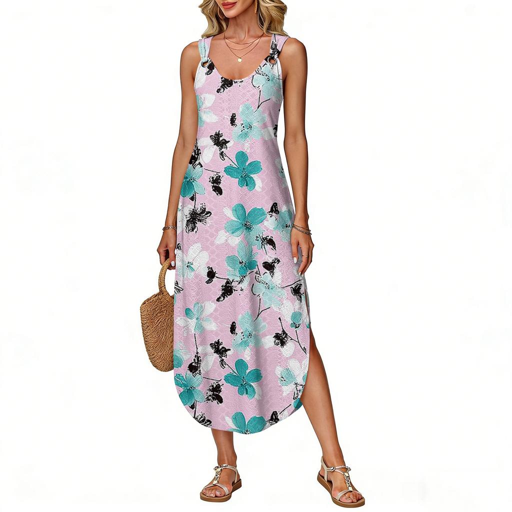 Damen Sommer Langes Kleid, Ärmellos Mit Seitenschlitzen, Langes Camisole-Kleid Mit Blumendruck