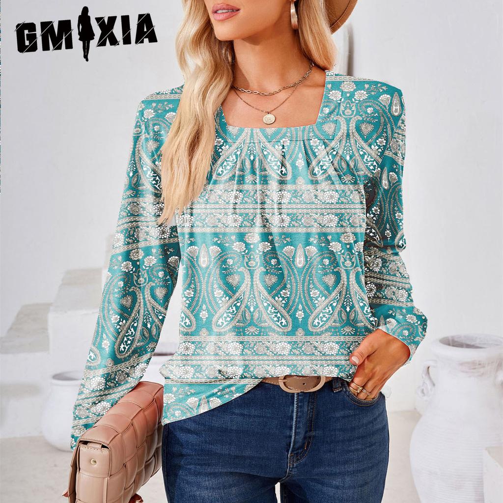 GMXIA Dame Mote Casual Sommer Langermet U-hals Bluser & Skjorter