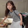 1-12Y Girl's Shirts Korean-style Knitted Lace-Trimmed Short-Sleeve Summer Ruched Tops Trendy Breathable Bow Tie Versatile Tee