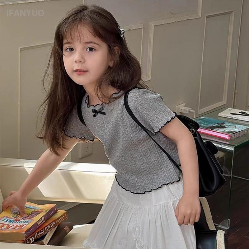 1-12Y Girl's Shirts Korean-style Knitted Lace-Trimmed Short-Sleeve Summer Ruched Tops Trendy Breathable Bow Tie Versatile Tee
