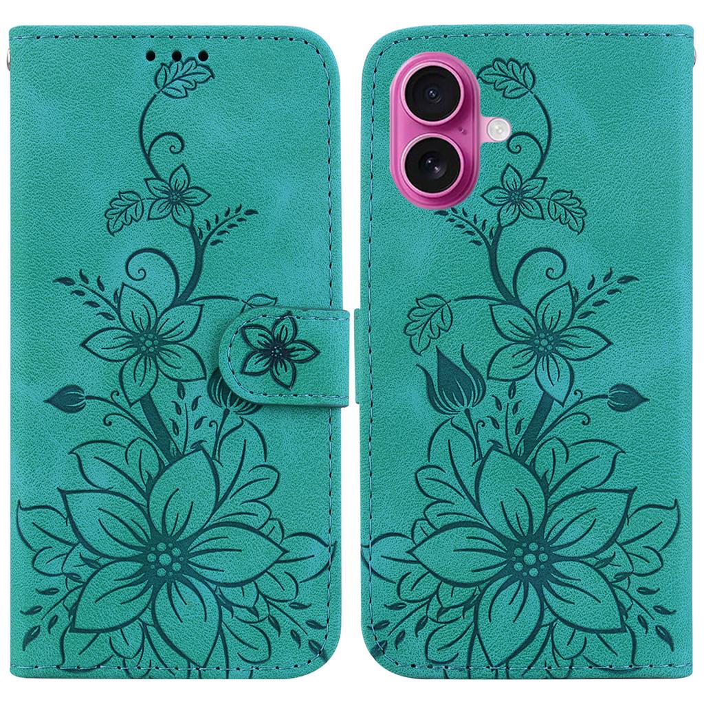 For iPhone 17 Stand Case Lily Flower Imprint Leather Phone Cover with Wrist Strap