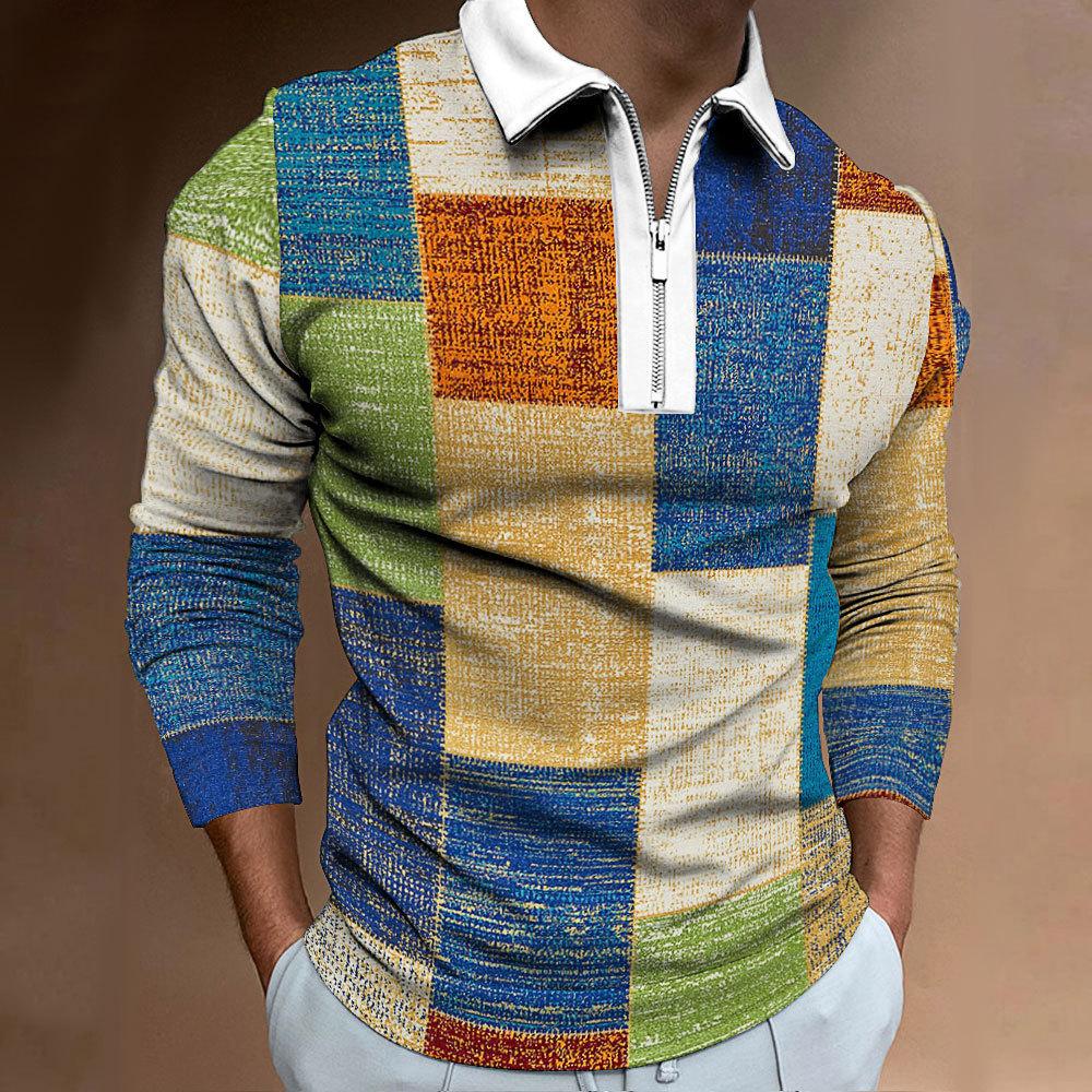 

Мужская повседневная приталенная футболка-поло с длинным рукавом на молнии и лацканами с цифровой печатью 5XL