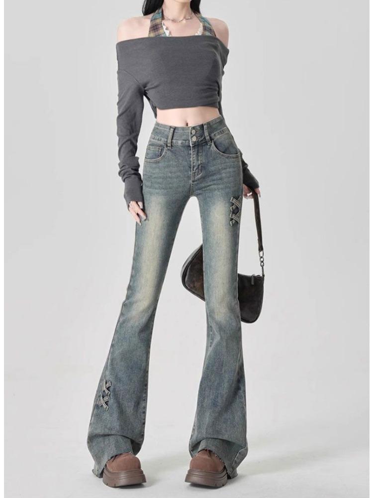 

Удобные джинсы микро-клеш женские осенние ретро синие с высокой посадкой большого размера с дизайнерским чутьем нишевые узкие расклешенные брюки джинсы для женщин длинные джинсовые брюки L