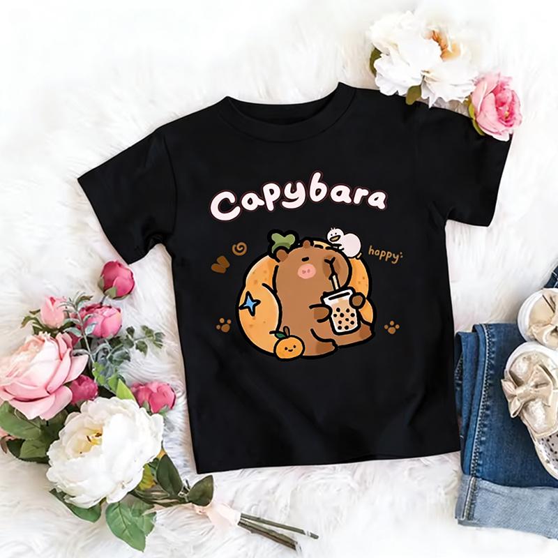 Girls Trendy Capybara Letter Print Design T Shirts Kids Children's T-shirt Boys Girls Summer Spring Casual Tops Tee