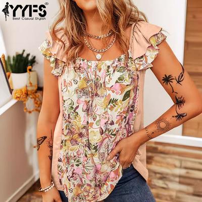 Women's Fashion Casual Summer Spring Flower Pattern Print Sleeveless Square Collar Blouses & Shirts