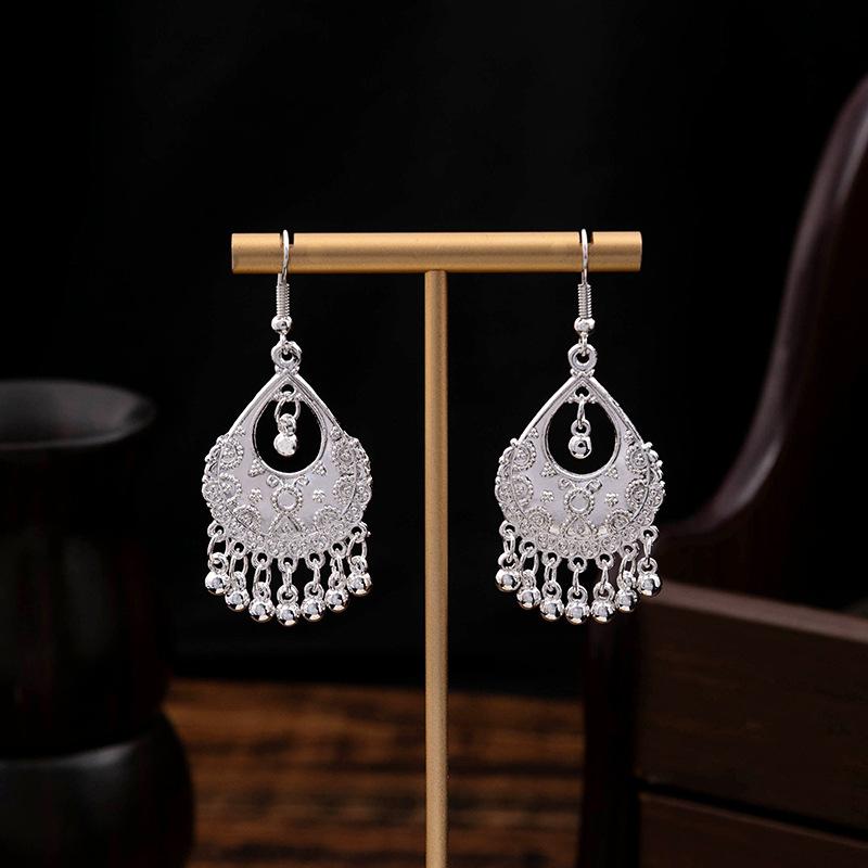 Ethnic Style Miao Geometric Bells Fringed Earrings, Minority Earrings Bohemian Long Leaf Earrings