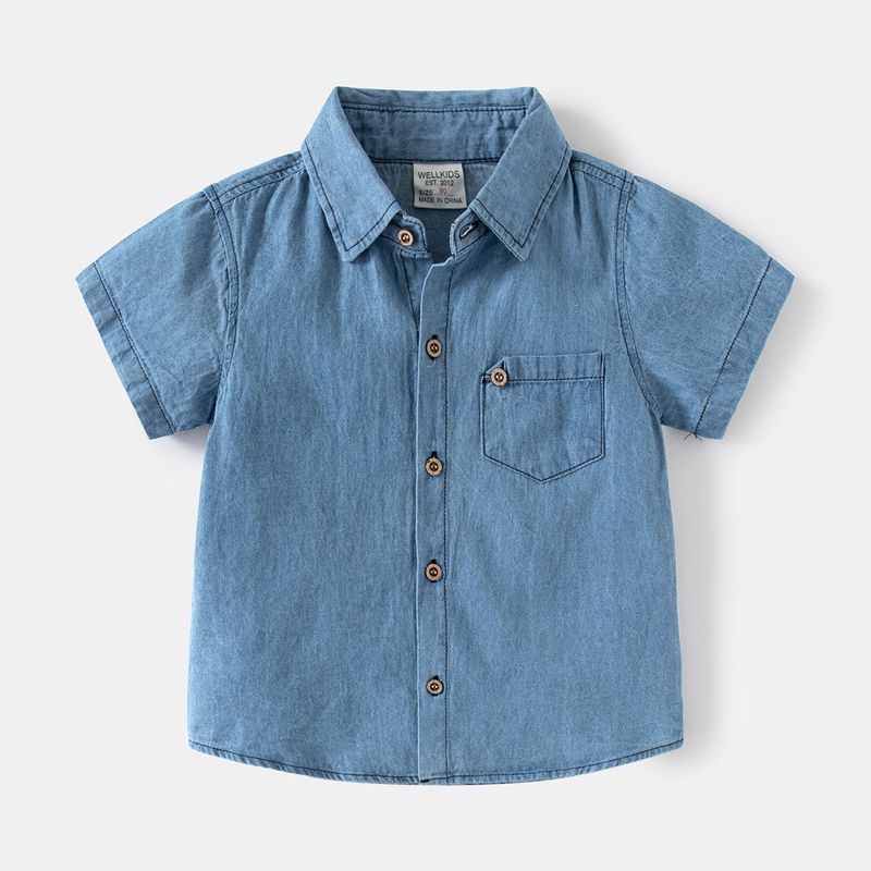 Summer Boys' Denim Short-Sleeve Shirt with Flap Pockets, Children's Collared Shirt, Baby Boy Casual Top, Children's Clothing
