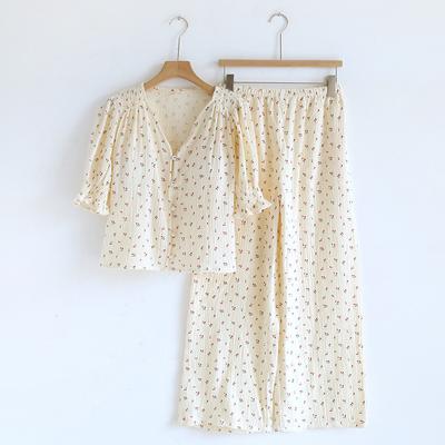 Cotton Gauze Summer Women Pajamas Short Sleeved Long Pants Sleepwear Female 2 Piece Set Nightwear with Chest Pads