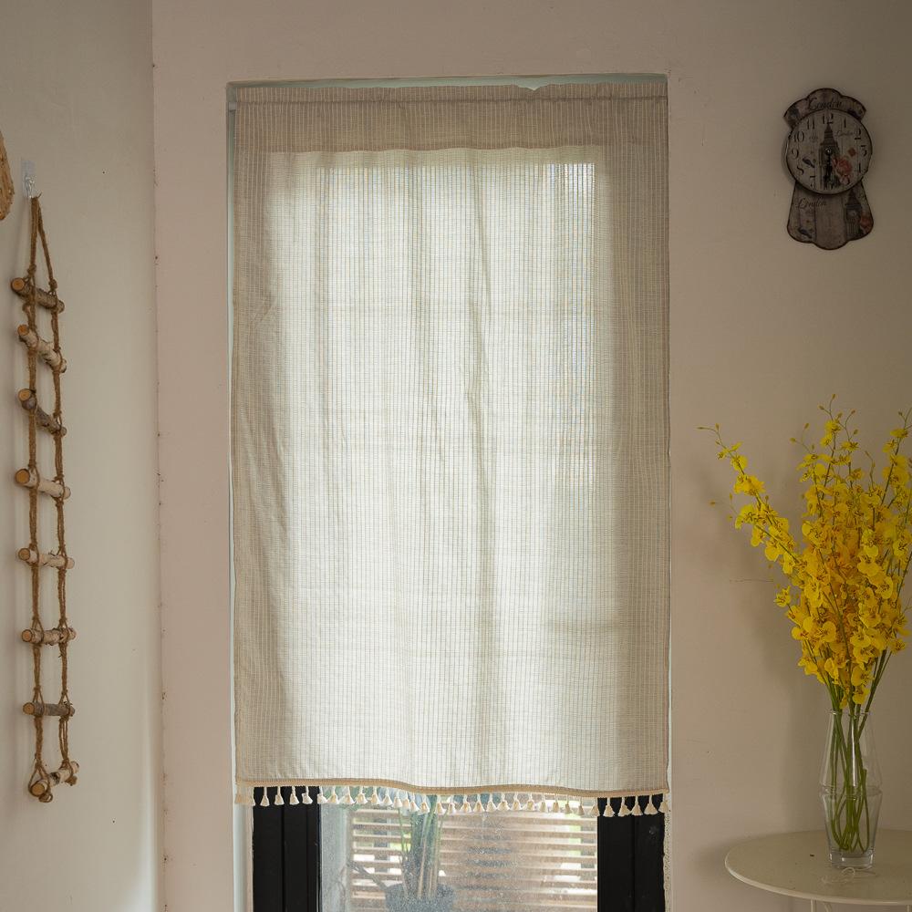 Punch-free Partition Curtain Striped Cotton and Linen Fabric Hanging Curtain Household Door Curtain Kitchen Coffee Half Curtain