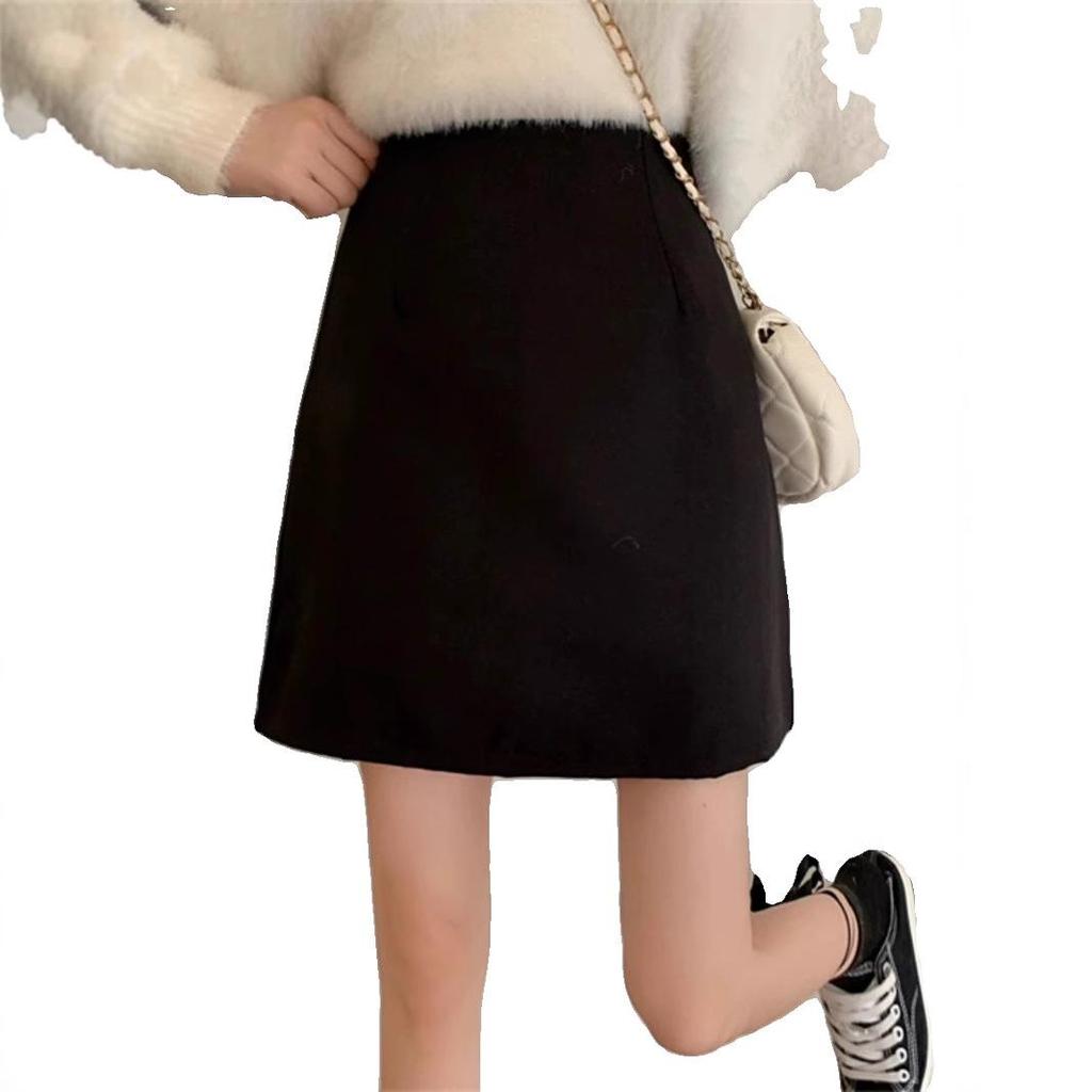 Korean Style Black Wool A-line Mini Skirt, High Waist, Slim Fit, Autumn/Winter 2024 Fashion.