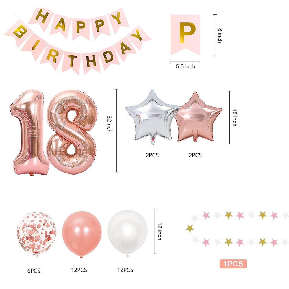 18-Year-Old Rose Gold Birthday Balloon Set, Large Birthday Fishtail Flag Balloon Star Latte Party Supplies