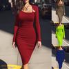 Women's Asymmetric Neck Long Sleeve Solid Color Bodycon Mid Waist Elegant Midi Dress