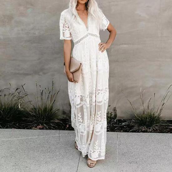 Long Dress Embroidery Lace Patchwork Loose Fit Women Dress for Daily Life