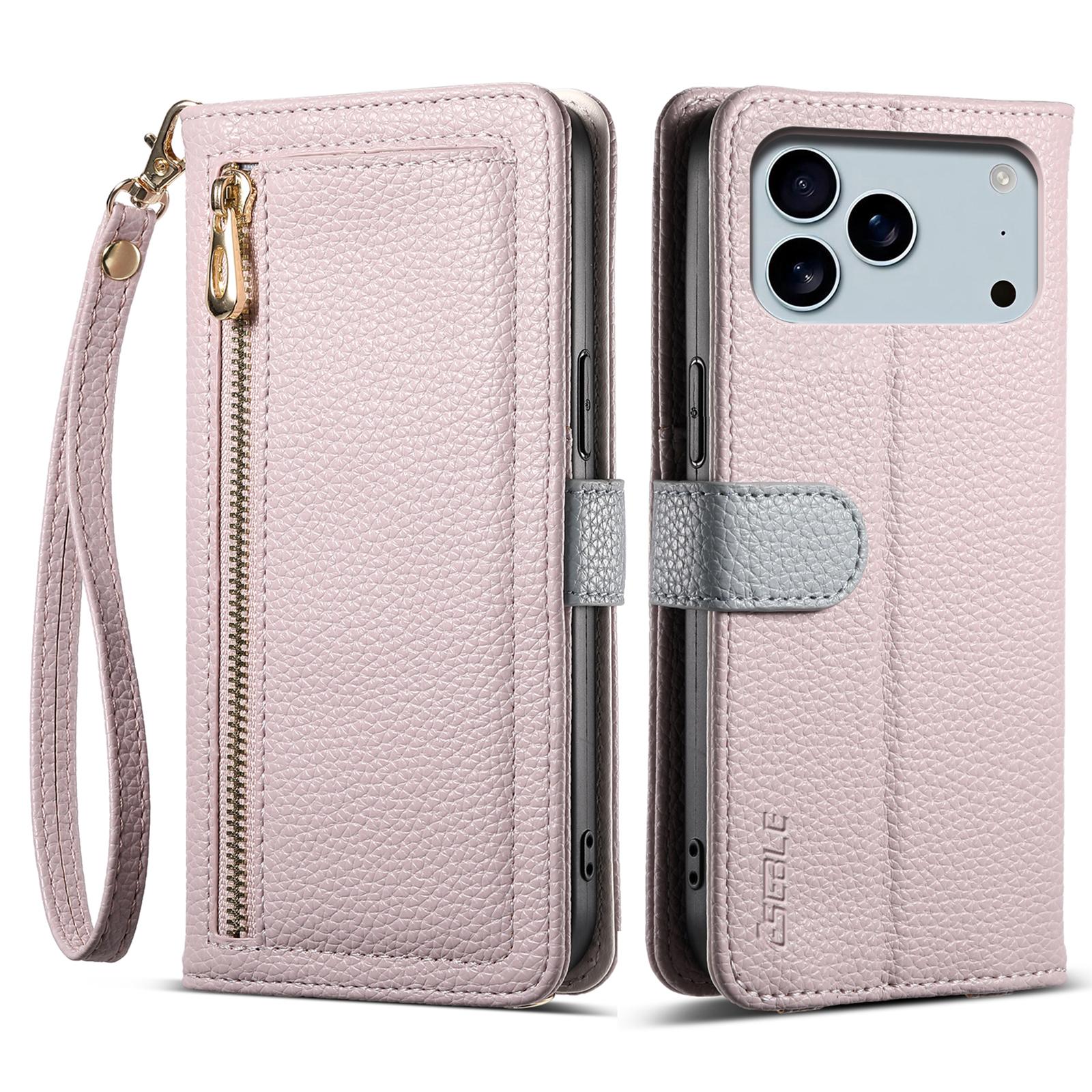 

ESEBLE E11 For iPhone 17 Pro Case Zipper Pocket Litchi Texture Leather Phone Cover with Mirror and Wrist Strap Light Purple