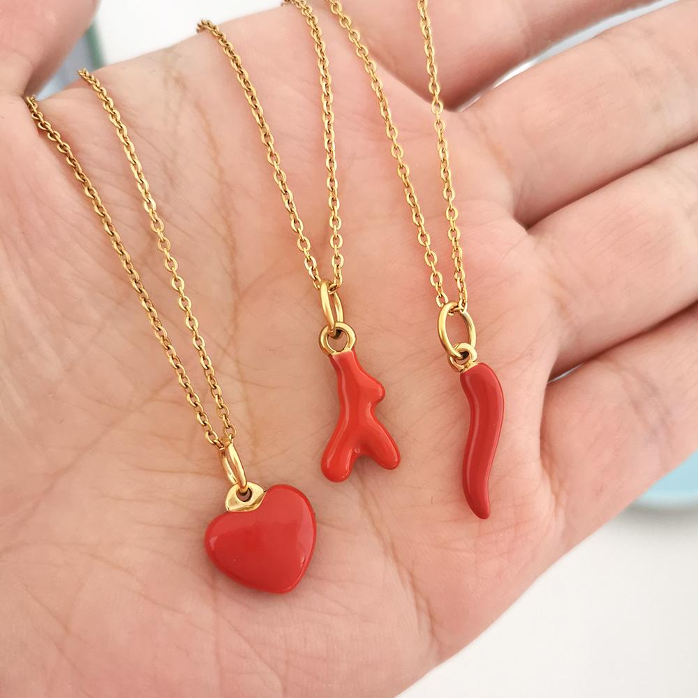 Women Pendant Necklace Stainless Steel Red Pepper Coral Heart Slim Choker Gold Waterproof Sex Elegant Gift