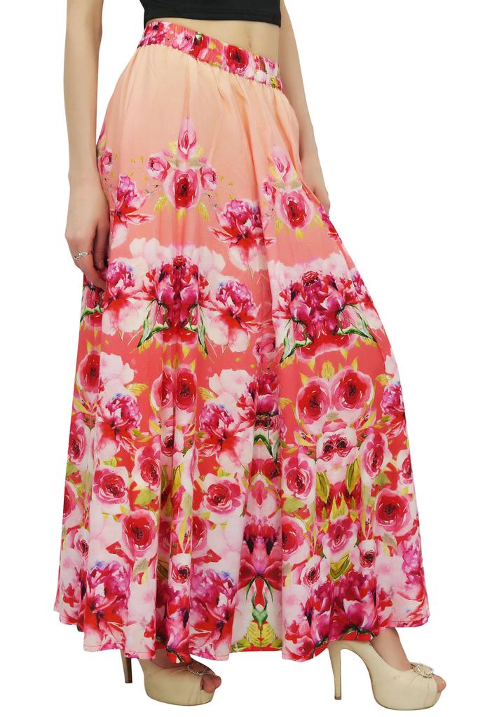 Bimba Women's Peach Floral Printed Cotton Elastic Waist Designer Skirt-L