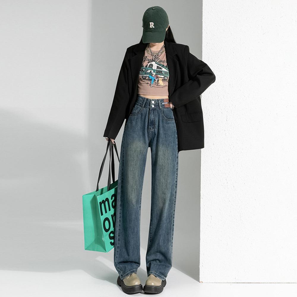 

Hong Kong style retro wide-leg jeans 2025 new spring and autumn straight and thin loose high-waisted mopping jeans 2XL сине серый