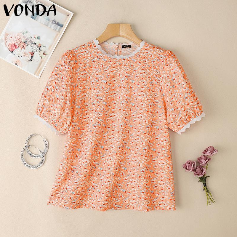 

VONDA Женские летние повседневные футболки с коротким рукавом, оборками и покатыми плечами и цветочным принтом 4XL оранжевый