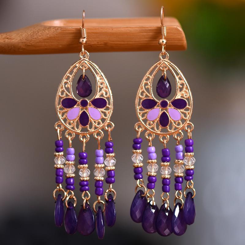 Bohemian Cross-Border Handmade Water Drop Rice Bead Tassel Earrings for Travel Photography