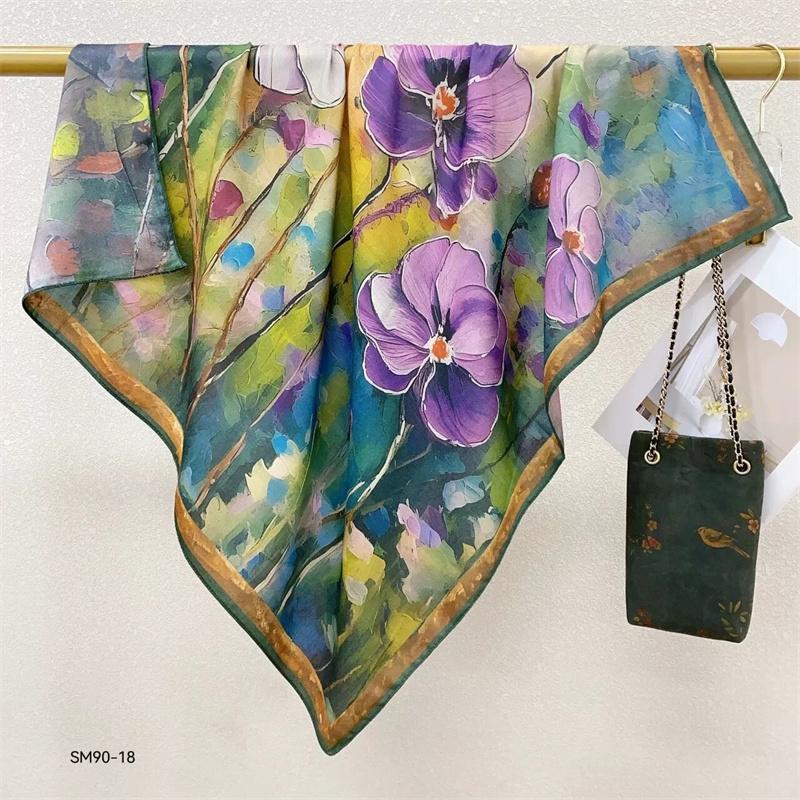 Double-Sided Faux Silk And Wool Printed Scarf For Women Spring And Autumn 90Cm Square Scarf Foulard Bandana Femmel Headscarf