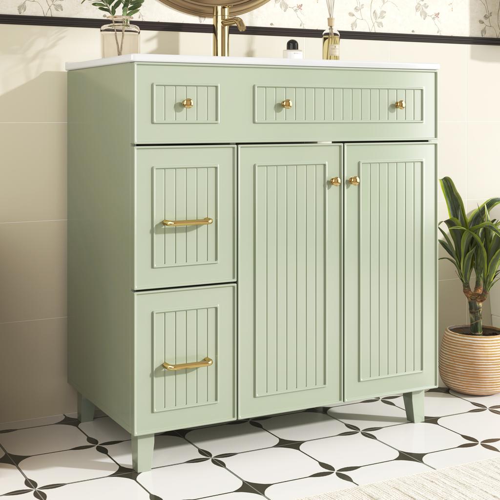 Mobile da Bagno con Lavabo 81,7 cm - Superficie Laccata, Spazio di Archiviazione Multifunzionale e Piedini in Legno Massello in Design Moderno di Lusso - Verde