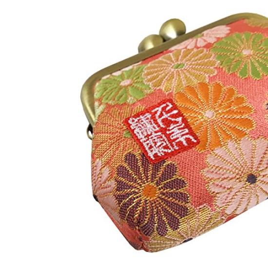 Senshishuin Nishijin Brocade Square Wallet with Gusset and Coin Purse Chrysanthemums in Full 2.5-inch (Lined) (Vermilion Bloom)