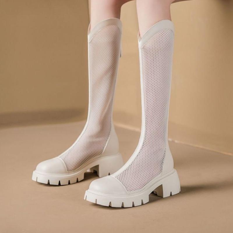 Summer Long Cold Boots for Women 2025 New V-mouth Breathable Mesh Knight Boots Fashion Thick Heel Hollow Mesh Cool Boots